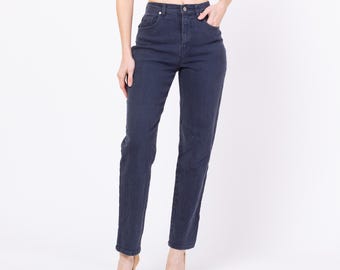 Vaqueros elásticos de cintura alta azul marino vintage de los años 90 (talla pequeña, cintura de 66 a 68 cm) / Vaqueros mom ajustados de pierna recta