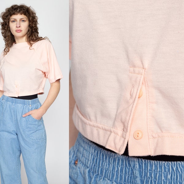 Medium 80s Peach Button Hem Crop Top | Vintage Cropped Boxy Short Sleeve T Shirt