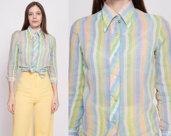 70s Sheer Pastel Striped Blouse Petite XS | Vintage Long Sleeve Collared Button Up Shirt