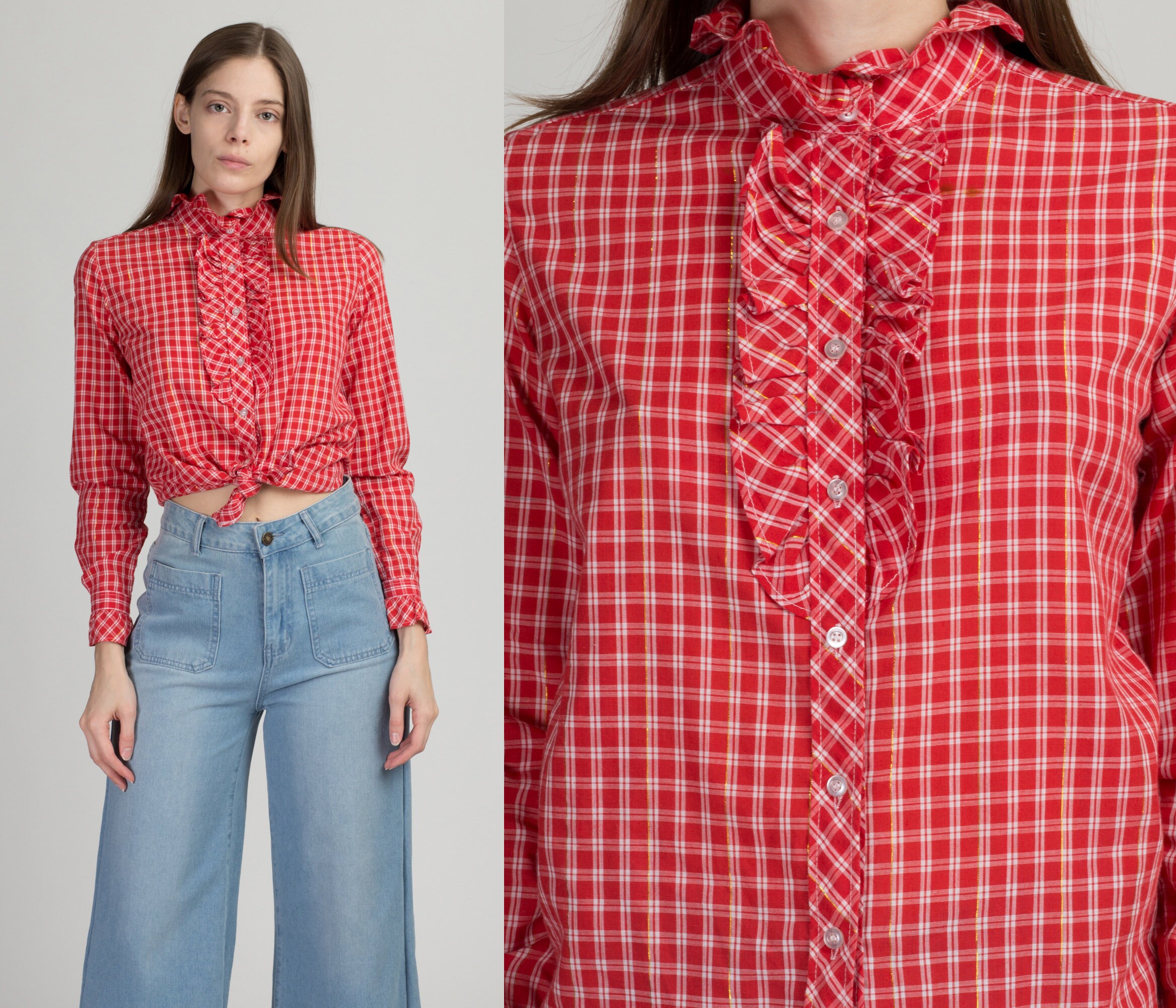 70s Red \u0026 White Plaid Ruffle Collar Shirt - Small | Vintage Rockabilly Metallic Long Sleeve Button Up Top