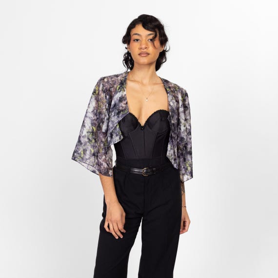 Large 80s Sheer Grey Floral Flowy Cropped Shrug Vintage Angelic