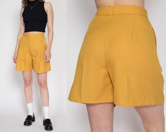 Medium 80s Mustard Yellow Pleated Shorts 28" | Vintage High Waisted Long Shorts