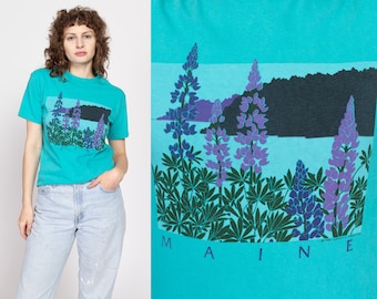 Medium 80s Maine Lupine Flower T Shirt | Vintage Blue Floral Graphic Tourist Tee