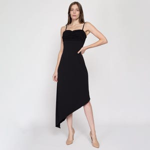 Medium 90s Black Asymmetrical Midi Party Dress | Vintage Spaghetti Strap Ruched Bodice High Low Hem Dress