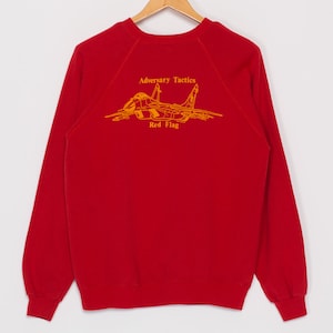 80s Red Flag Fighter Jet Sweatshirt - Large to XL | Vintage Adversary Tactics USAF Graphic Raglan Sleeve Crewneck
