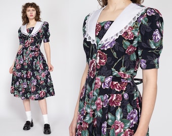 Medium 80s Black Floral Sailor Collar Fit & Flare Dress | Vintage Boho Fitted Waist Puff Sleeve Midi Dress