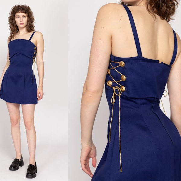 Small Vintage Navy Blue Nautical Mini Pinafore Dress | Retro Costume Gold Button Lace Up Mod Dress