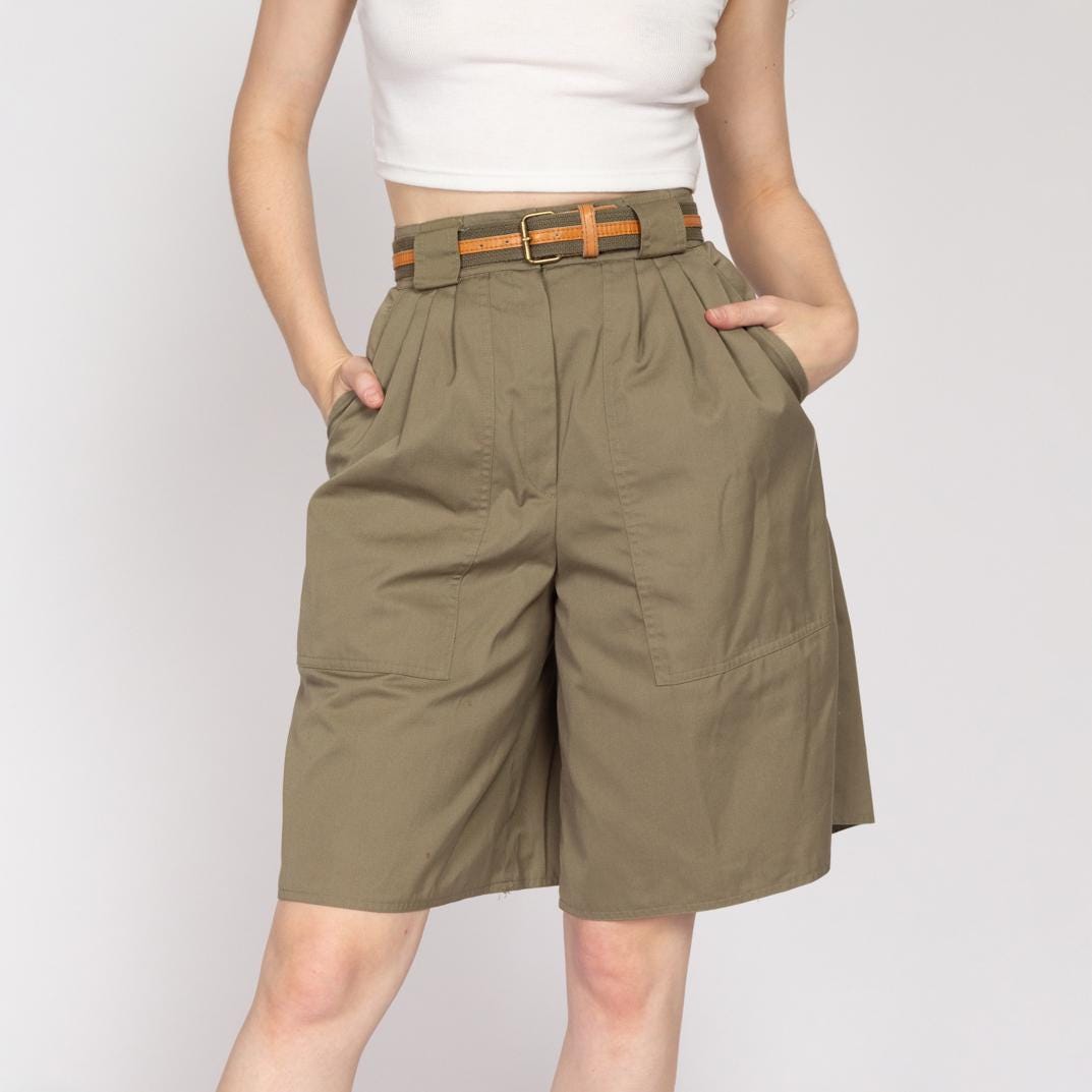 Vintage 80s Olive Green Belted Wide Leg Shorts - Small | Pleated