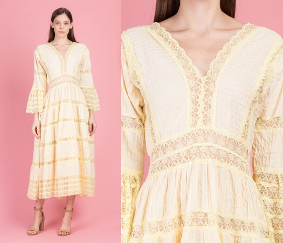 1960s Mexican Yellow Crochet Trim Maxi Dress - Med