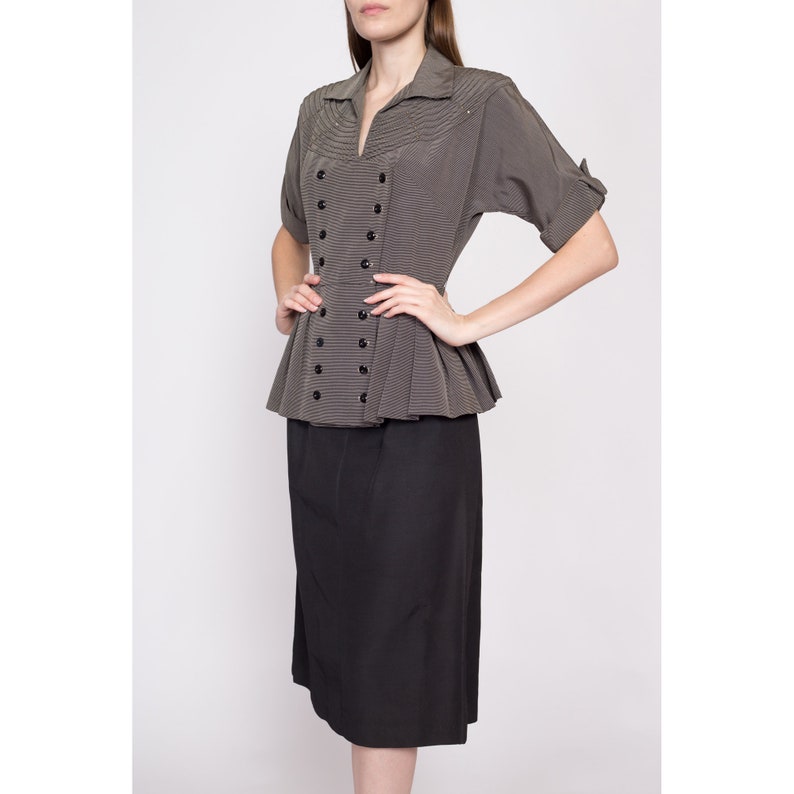 Small 1940s Black & White Striped Peplum Secretary Dress Vintage 40s Cuffed Short Sleeve Midi Dress image 5