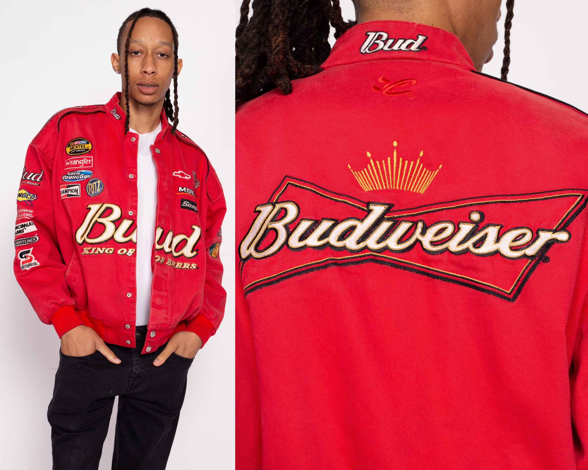 XL s NASCAR Budweiser Chase Authentics Racing Jacket Men's   Vintage Red  Bud King Of Beers Logo Sponsor Jacket