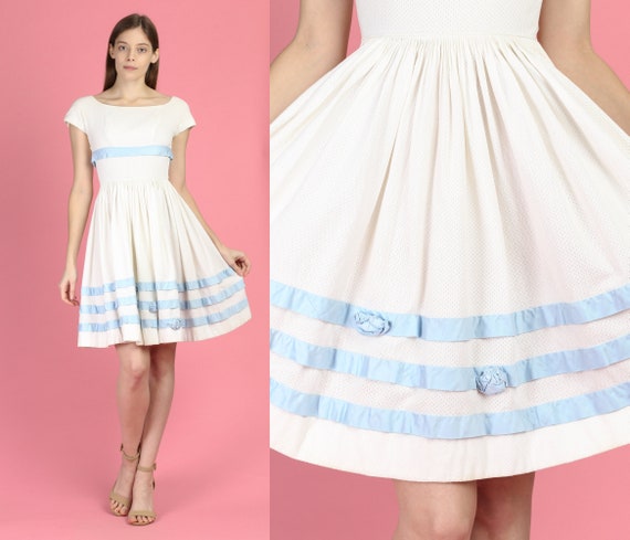 50s 60s Boho White & Blue Cotton Day Dress - XXS |