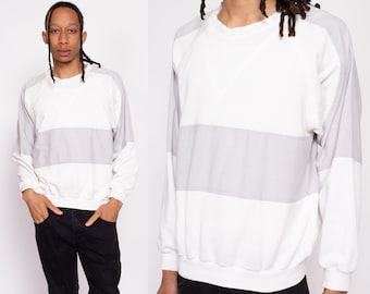 Medium 80s Surf Zone White & Grey Color Block Sweatshirt Men's | Vintage Horizontal Striped Lightweight Crewneck