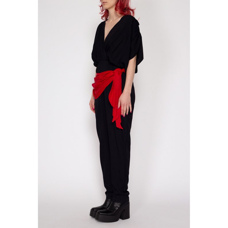 Small 80s Black Red Sash Jumpsuit Vintage Slouchy V Neck Blouson Pantsuit image 3