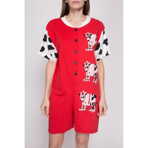 Med-Lrg 80s Retro Cow Romper | Vintage Red White … - image 2