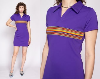 90s Express Preppy Polo Mini Dress Small | Vintage Sporty Purple Striped Collared Short Sleeve Shirtdress