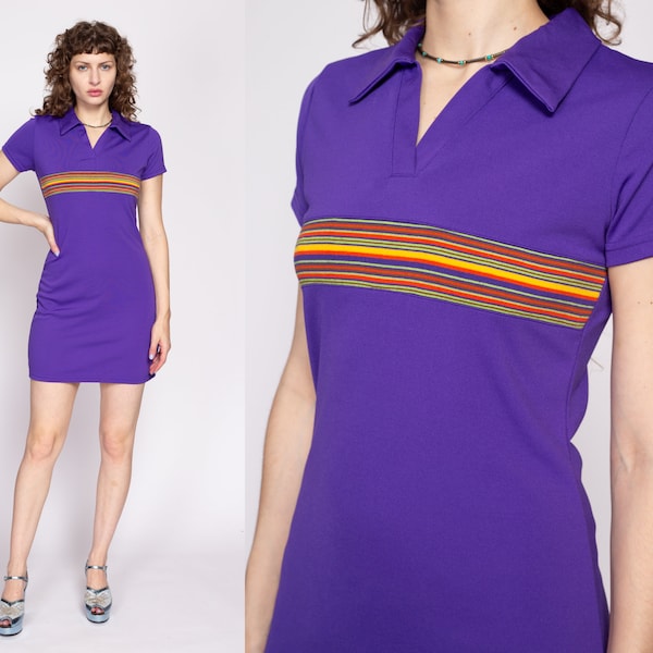 90s Express Preppy Polo Mini Dress Small | Vintage Sporty Purple Striped Collared Short Sleeve Shirtdress