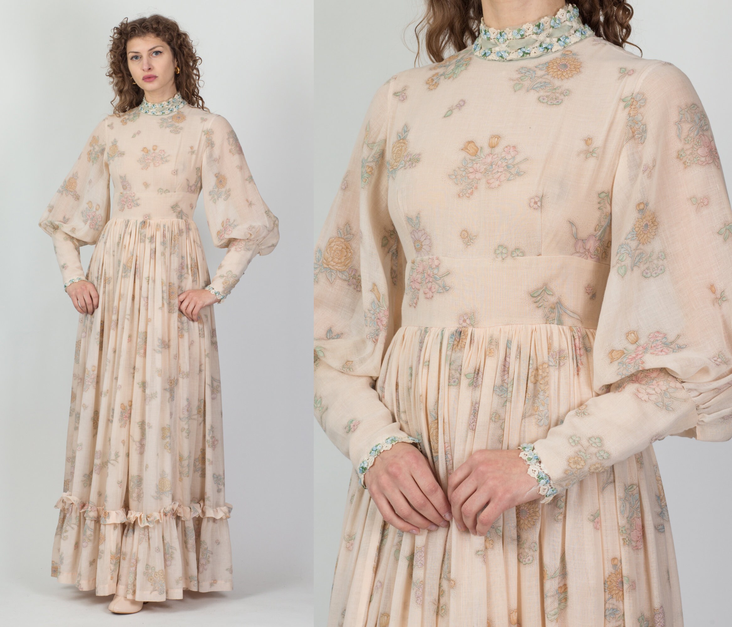 70s Gigot Sleeve Nude Floral Prairie Maxi Gown Small Vintage