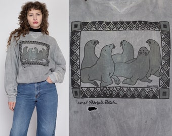 Med-Lrg 90s Sea Lion Grey Dyed Sweatshirt Unisex | Vintage Carmel Pebble Beach Distressed Graphic Tourist Crewneck