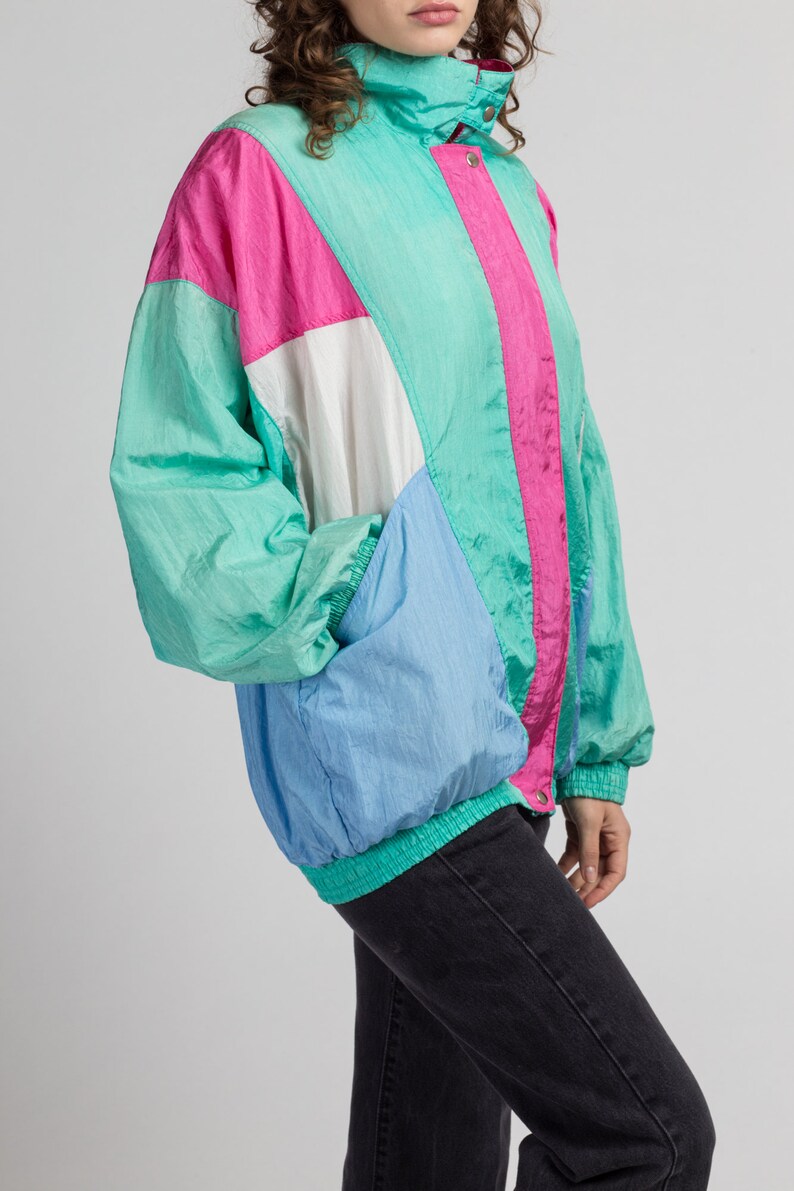 80s Teal Green Color Block Windbreaker Extra Large Vintage Pink Blue Zip Up Track Jacket