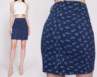 XS 90s Blue Floral Mini Pencil Skir 24.5" | Vintage Navy Polka Dot High Waisted Miniskirt