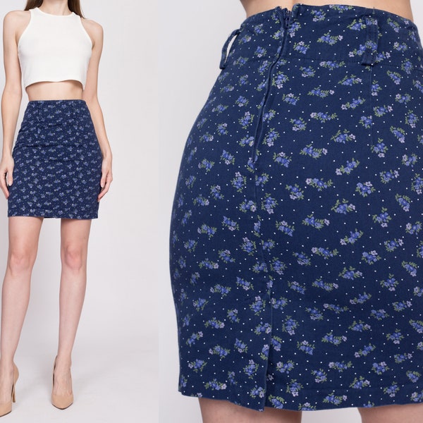 XS 90s Blue Floral Mini Pencil Skir 24.5" | Vintage Navy Polka Dot High Waisted Miniskirt