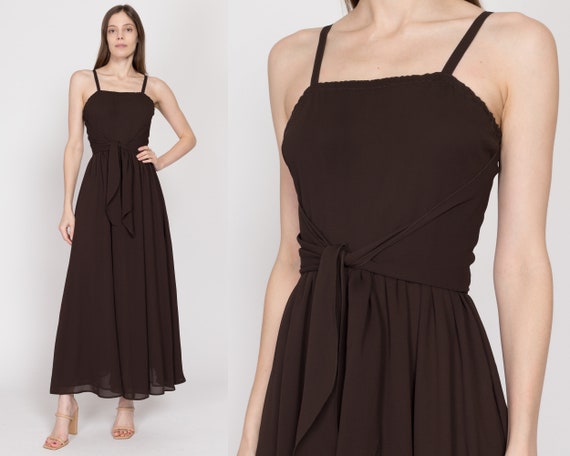 XS 70s Chocolate Brown Chiffon Tie Front Gown | V… - image 1