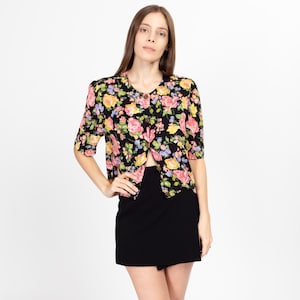 Large 90s Floral Print Cropped Rayon Blouse | Vintage Grunge Button Up Short Sleeve Top
