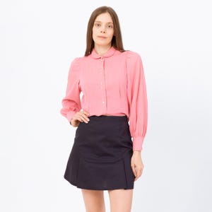 Vintage 70s Blush Pink Peter Pan Collar Blouse - Small | Retro Long Sleeve Button Up Top