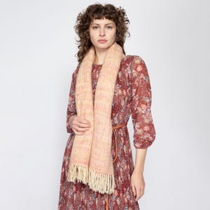 Vintage 70s Hand Knit Wool Striped Large Fringe Scarf