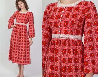 70s Floral & Paisley Bandana Print Prairie Kleid Extra Small | Vintage Rot Häkelborte Boho Langarm Midi