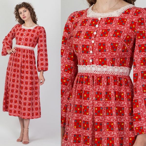 70s Floral & Paisley Bandana Print Prairie Dress Extra Small | Vintage Red Crochet Trim Boho Long Sleeve Midi