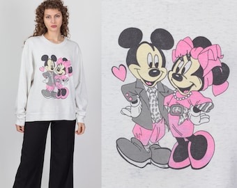Felpa XL anni '90 con Topolino e Minnie / Pullover con grafica Disney in grigio erica vintage