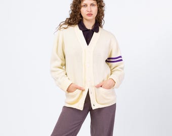 Vintage 80s Does 50s Cream Knit Varsity Cardigan - Medium | Sporty Striped Button Up V Neck Sweater