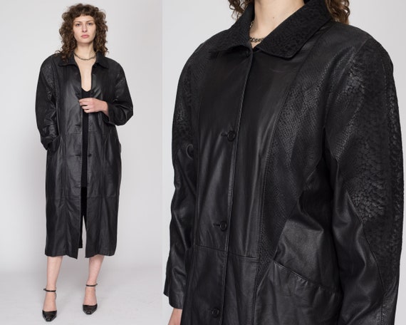 80s Oversize Black Embossed Leather Trench Coat - Small