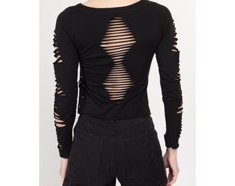 Small Y2K Gothic Black Slashed Zipper Top | Vintage Punk Heart