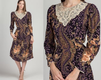 80s Lace Collar Floral Midi Dress Small | Vintage Long Sleeve Peplum Fitted Waist Grunge Dress