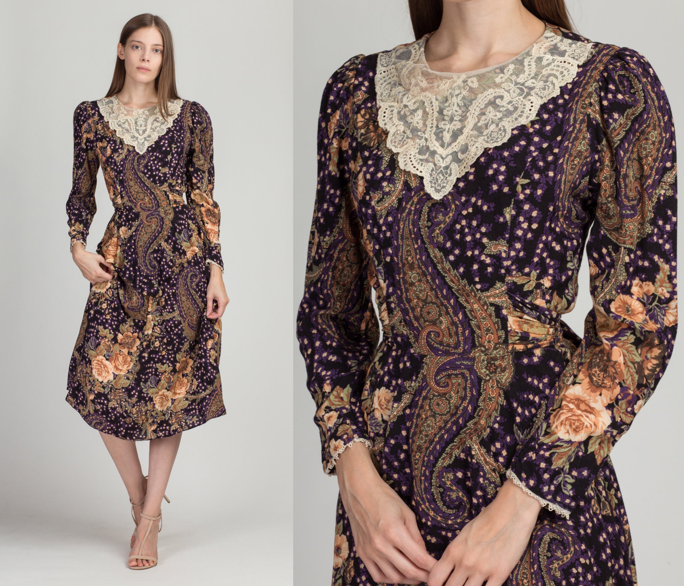 80s Lace Collar Floral Midi Dress Small 