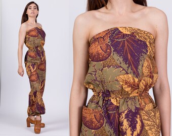 XS Vintage Boho Autumn Floral Strapless Jumpsuit / 80s Tropical Print One Piece Romper Pantsuit