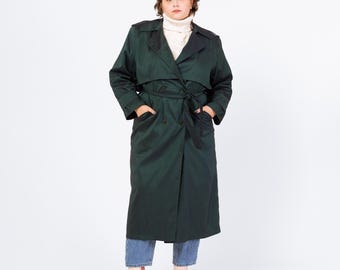 Vintage 80s Iridescent Green Belted Trench Coat - Large | Forecaster Of Boston Double Breasted Button Up Long Rain Jacket