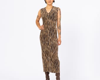 Vintage 90s Zebra Stripe Burnout Maxi Dress - Small | Sheer Brown & Black Mesh Animal Print Party Dress