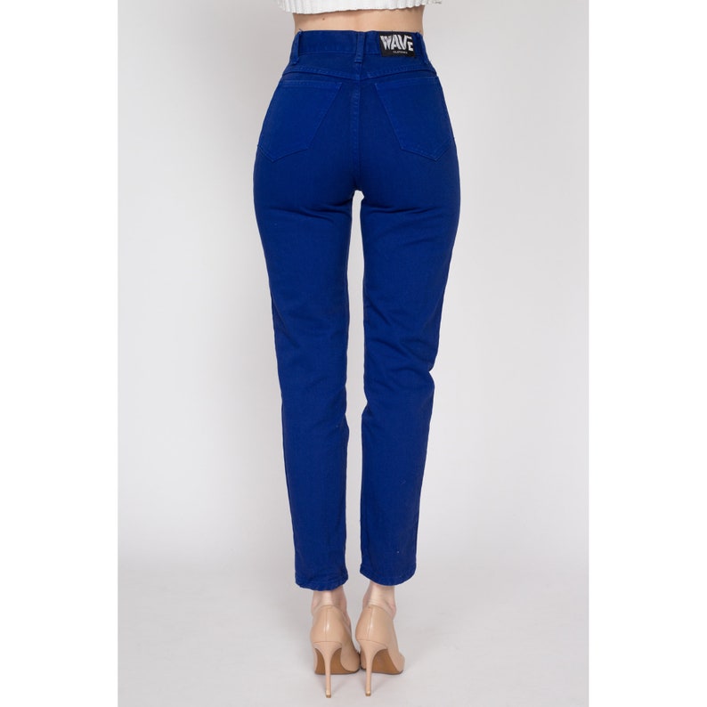 XS 90s Royal Blue High Waisted Jeans 24 Vintage Denim Slim Skinny Tapered Leg Mom Jeans image 6
