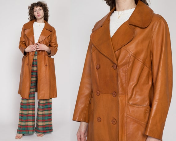 Large 70s Caramel Brown Long Leather Jacket | Vin… - image 1