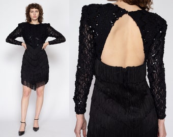 Sm-Med 80s Black Sequin Fringe Backless Party Dress | Vintage Keyhole Open Back Long Sleeve Mini Dress