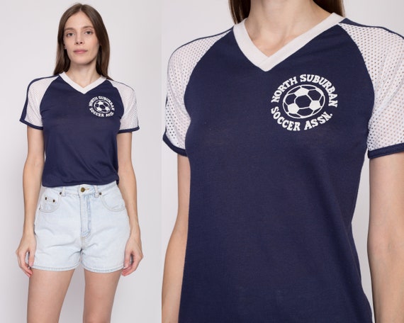 XS 70s Navy Blue Mesh Soccer Jersey Tee | Vintage… - image 1