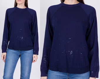 80s Navy Blue Paint Splattered Raglan Sweatshirt Men's Small, Women's Medium | Vintage Distressed Blank Crewneck Pullover