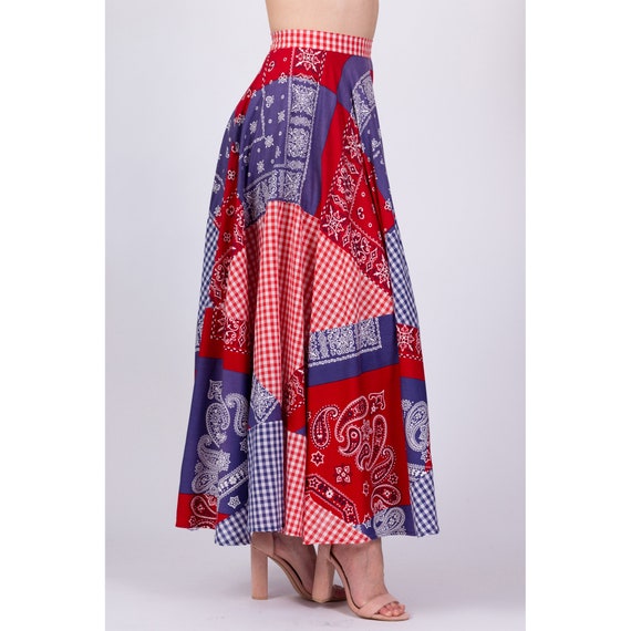 70s Patchwork Bandana Print Maxi Skirt Small, 26"… - image 4