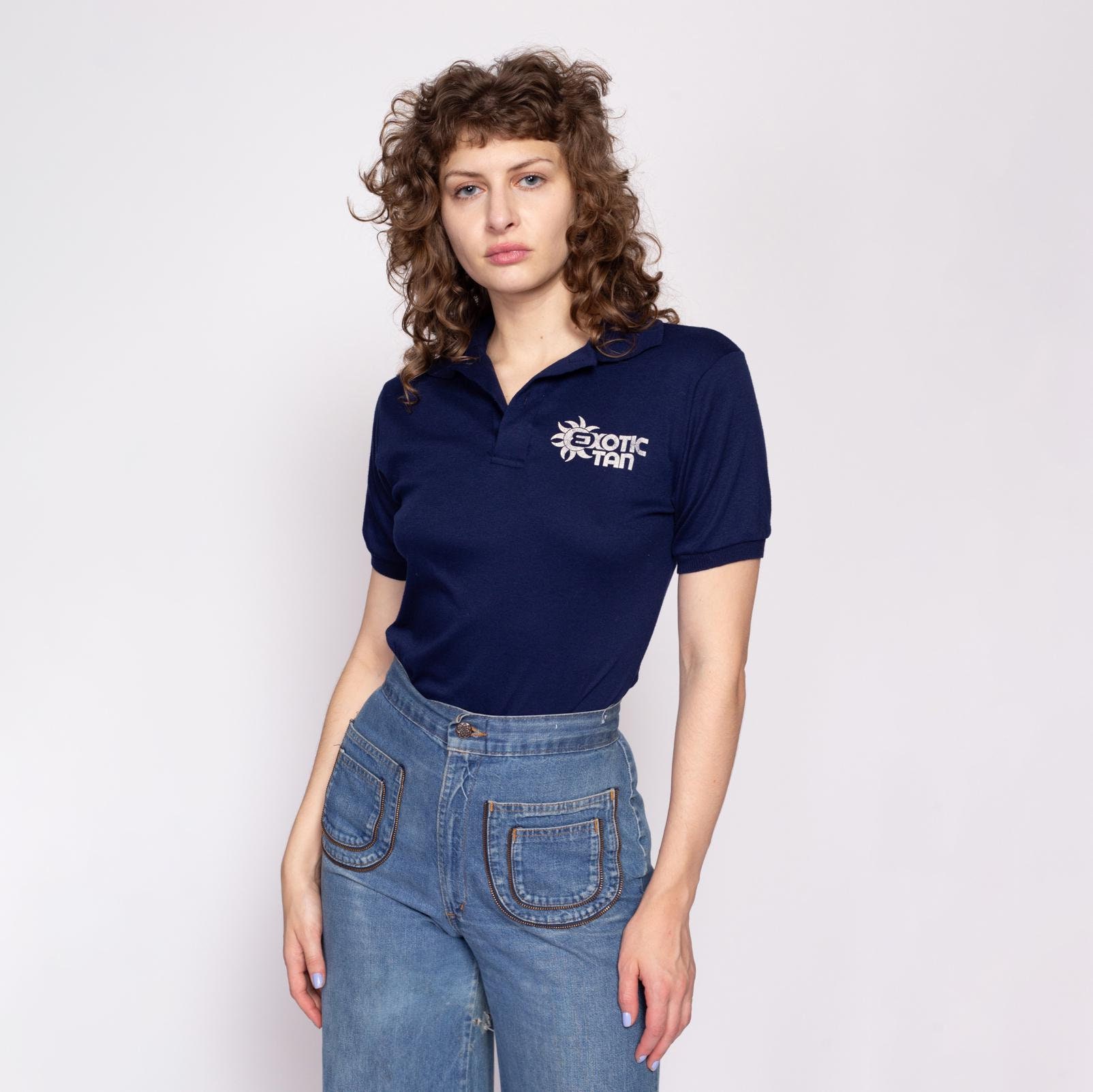 80s Exotic Tan Polo Shirt Men s Small Women s Medium Vintage Navy Blue Staff Uniform Short Sleeve Collared Top Etsy UK