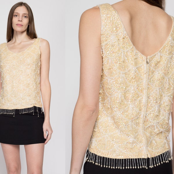 Small 1950s Beaded Fringe Sleeveless Knit Top | Retro Vintage 50s 60s Sequin Tank