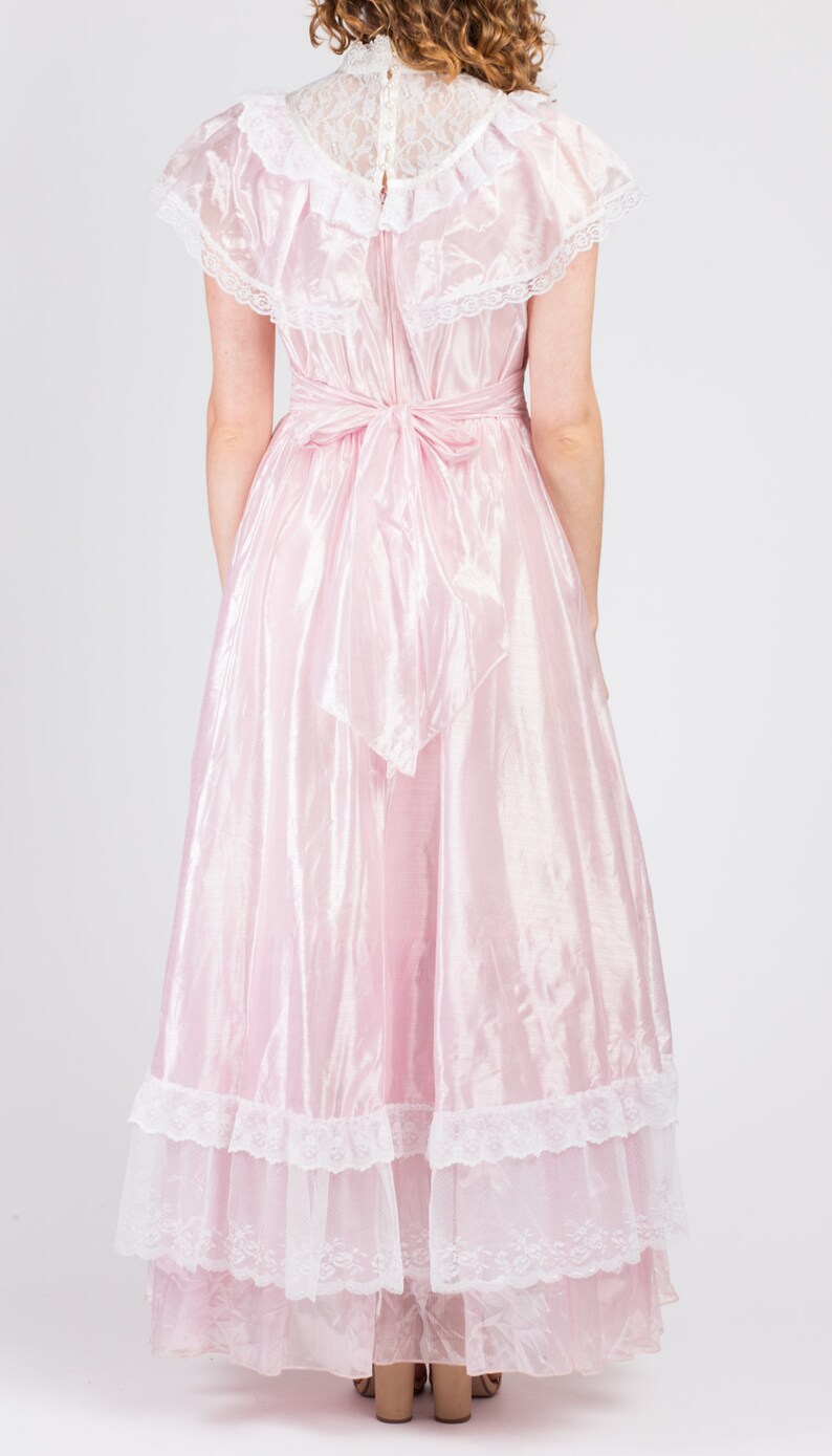 70s Precious Moments Pink Lace Princess Gown Medium Vintage Tiered Ruffle Formal Victorian Maxi Floor Length Dress